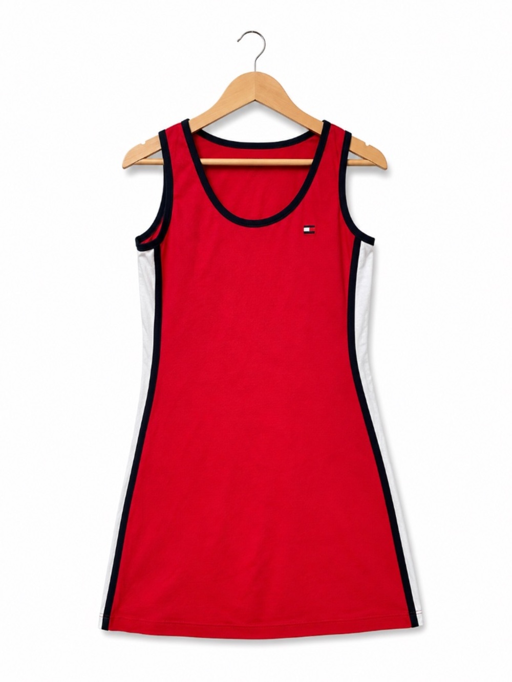 🔥 Tommy Hilfiger Red Cotton Sleeveless Dress Size M | Sporty Luxe Colorblock